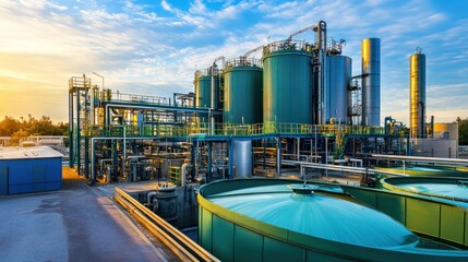 A biofuel production plant converting recycled oil into biodiesel, showing the full lifecycle of oil recycling programs that turn waste into clean energy