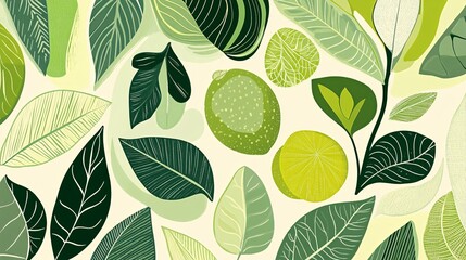 bauhaus-style nature collection, abstract leaf and fruit forms, tessellating green designs, simplified organic patterns, contemporary botanical art, modular environmental symbols