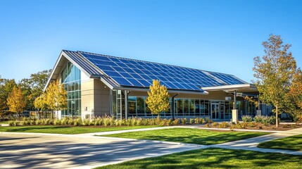 A community center with solar panels on the roof, generating electricity for surrounding homes, highlighting the benefits of shared renewable energy in local neighborhoods