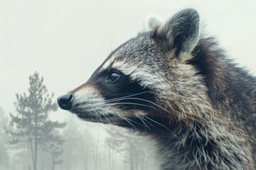 detailed side profile of a raccoon with a misty forest and pine trees in the background, showcasing 