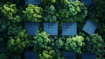 2410_177.solar array integrated with nature, verdant treetops, blue solar panels grid, eco-friendly technology, bird's eye perspective, vibrant forest ecosystem, renewable energy installation