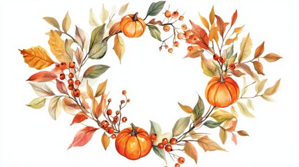 Canvas Print - Artistic watercolor of a cozy fall wreath made of leaves, berries, and small pumpkins.