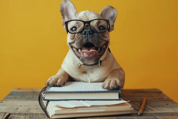 Sticker - A bulldog dog wearing glasses rests its paws on a stack of books. AI.