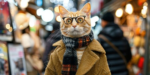 Wall Mural - A cat wearing a coat and glasses looks at the camera. AI.