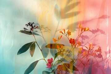 Sticker - Artistic image of flowers casting shadows on a colorful abstract background, creating a vibrant and dreamy atmosphere.