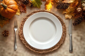 Poster - A white plate with a fork and knife on a table with a pumpkin and leaves