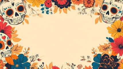 Wall Mural - Vibrant Day of the Dead themed frame featuring sugar skulls and colorful flowers on a beige background, perfect for festive designs.