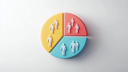 Poster - A vibrant pie chart divided into yellow, red, and blue sections, each containing white human icons symbolizing different groups or population segments. Ideal for demographics, market analysis 