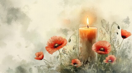 Sticker - Delicate watercolor art of a lone remembrance candle with a gentle background of poppy flowers.