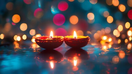 Wall Mural - Two lit candles in a blue background