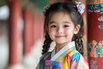 Hispanic little girl in traditional hanbok costume at korean village palace