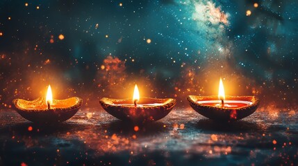 Wall Mural - Three candles are lit in a row on a table. The candles are lit in a way that they are all lit at the same time