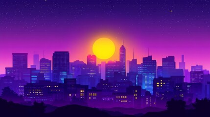 Wall Mural - Vibrant sunset over a modern city skyline with colorful hues against a starry night background