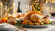 © Studios - Homemade roasted chicken or turkey with autumn vegetables for thanksgiving family dinner feast on long dining table with glasses of wine in a cozy dining room at home. Happy Thanksgiving Day concept