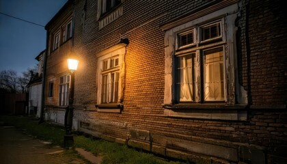  Mysterious old house illuminated by a streetlamp at night.