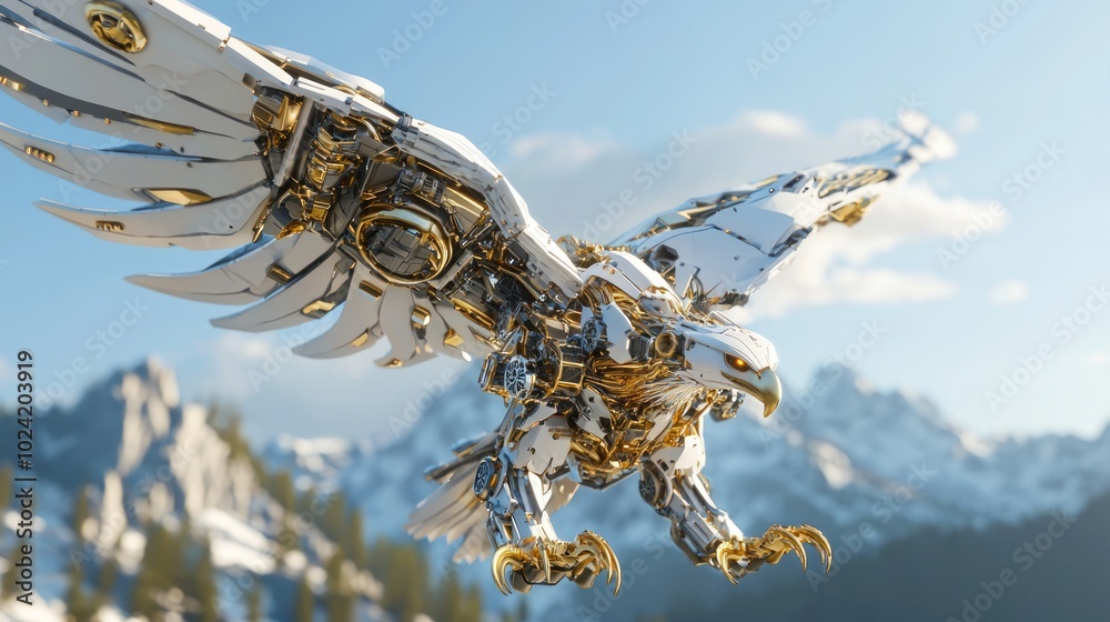 Futuristic Eagle Mech Soaring Over Mountain Peaks - 3D Render ...