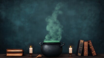 A mystical cauldron emits green smoke, surrounded by candles and ancient books, creating an enchanting, magical atmosphere.