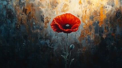 Sticker - Realistic depiction of a red poppy flower with a backdrop of a war memorial, blending memory with honor.