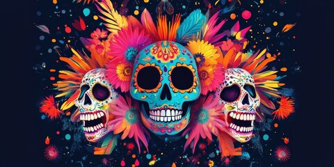 Wall Mural - Abstract color explosion with traditional Day of the Dead elements.