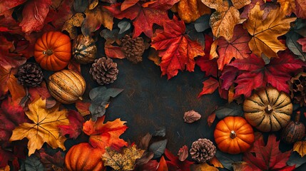 Sticker - Abstract composition of autumn leaves and pumpkins in rich colors for a Thanksgiving backdrop.