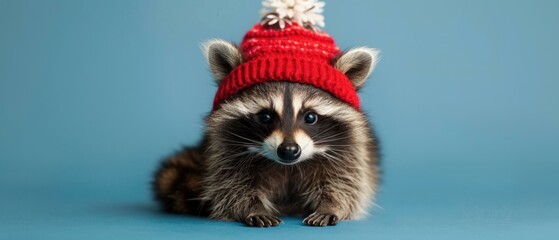 Poster - A raccoon wearing a red knit hat. AI.