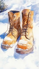 Watercolor of A Pair of light brown winter boots on the snow in a snowdrift and Northern Lights,Hiking Boot in winter season,fashion for sale,sparkling in the winter sun,Camping boot footwear.