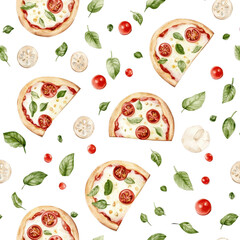 Watercolor seamless pattern of Pizza Margherita, isolated on a white background, colorful and artistic. PNG