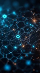 Poster - Abstract representation of interconnected networks with glowing nodes and hexagonal patterns in a digital space