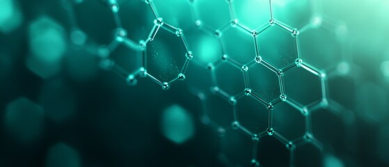 Poster - Close-up view of a molecular structure with a glowing teal background, showcasing hexagonal patterns and scientific detail