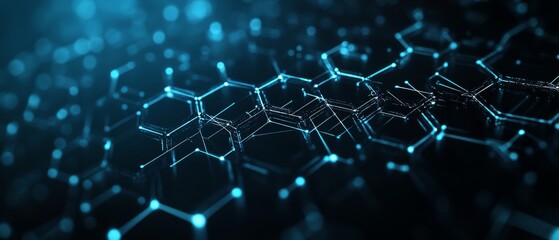 Poster - Close-up of hexagonal molecular structures with glowing blue accents against a dark background illustrating scientific innovation