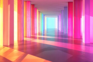 Poster - A vibrant and colorful modern corridor with geometric patterns and light reflections creating a visually striking contemporary architectural space.