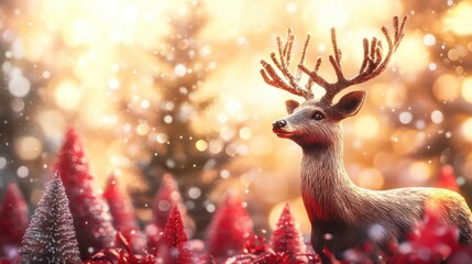 Wall Mural - christmas deer decoration with red trees on bokeh background
