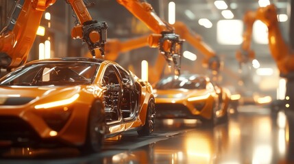 Poster - A futuristic automotive assembly line with robotic arms working on orange sports cars.