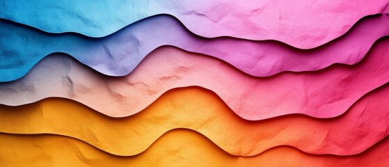 Poster - Colorful waves of crumpled paper create a vibrant abstract background in shades of purple, pink, orange, and yellow