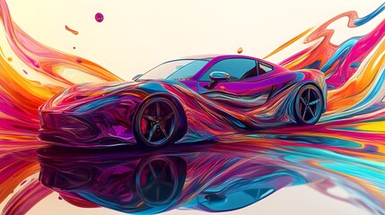 A Purple Sports Car Surrounded by Abstract Colorful Swirls