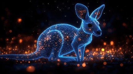 Wall Mural - a digital rendering of a kangaroo made of glowing blue particles, sitting in a field of glowing oran