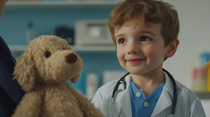 Pediatrician's Day. a pediatrician. a child in a doctor's uniform. The children are at the doctor's office