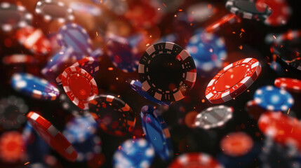 Casino chips falling from the sky, a colorful cascade against a dark background, capturing the thrill and excitement of gambling.