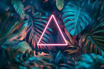 Neon red triangle shape among tropical leaves at night, retro-futuristic concept, synthwave aesthetic, nature meets technology