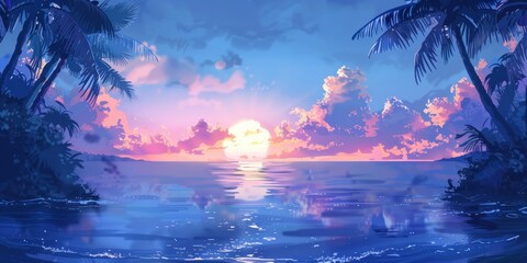 Sticker - A beautiful sunset over the ocean with palm trees in the background. The sky is filled with clouds and the sun is setting, creating a serene and peaceful atmosphere