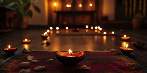 Poster - A room with a red carpet and a table with candles on it. The candles are lit and there are many of them