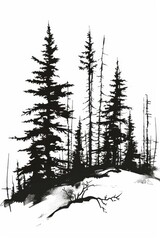 Sticker - A black and white drawing of a forest with trees. The trees are tall and the sky is clear