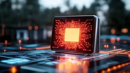 Close-up of a computer chip with glowing circuits on a dark background