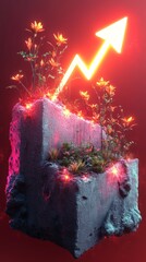 Poster - Colorful flowers bloom from a textured concrete block, illuminated by neon lights, while a glowing arrow points upward, symbolizing growth and vitality in a striking atmosphere
