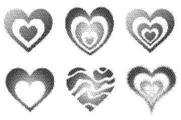 Poster - Bitmap pattern abstract heart shapes. Halftone gradient elements on white background. Y2k graphic abstract icons. Dither noisy grunge texture. Vector symbol of love