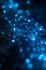 Poster - A complex network of blue nodes and connections creates an abstract representation of digital communication and technology in a dark environment
