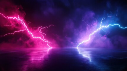 Poster - A dramatic scene of colorful lightning striking over a reflective surface.