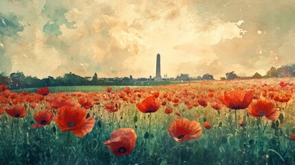 Sticker - Creative watercolor illustration of a poppy field with a faded war memorial in the distance.