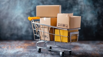 Poster - Cardboard box packages on trolley. Logistics and distribution service