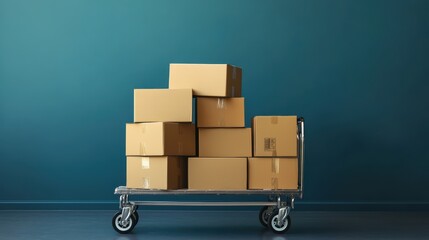 Poster - Cardboard box packages on trolley. Logistics and distribution service